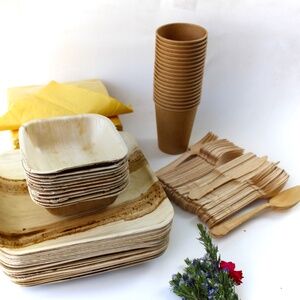 palm  10  pic Square 10"- 10 Pic Bowl -10 Pic Cup -20 Pic napkin - 30 cutlery